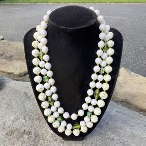 Vintage Japan Necklace Three Strands White Glass Bead Green Detail 1950s 18"